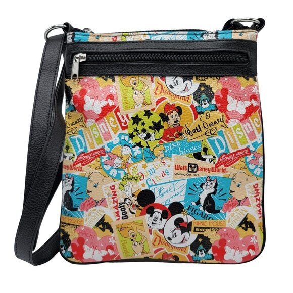 Disney Parks Retro Characters Bag Multicolor Pebbled Adj Dumbo Bambi Crossbody - Picture 1 of 10